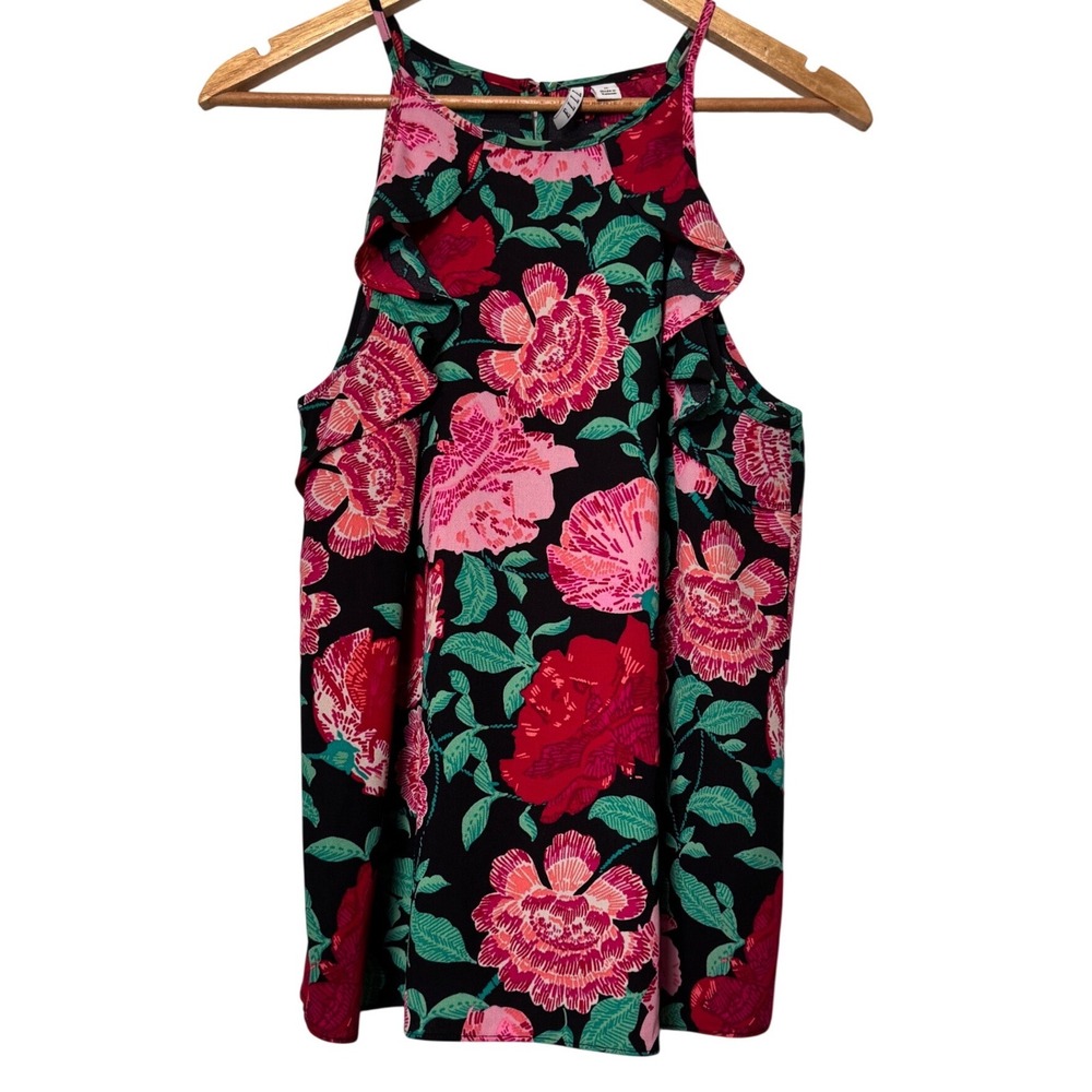 ELLE Womens Floral Halter Neck Ruffle Sleeveless Blouse Black‎ Red Pink Medium